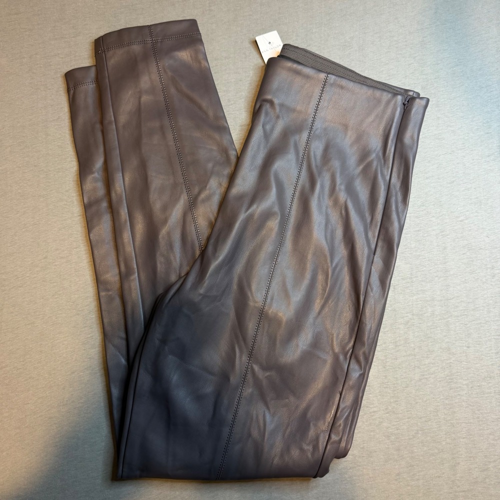 New Ann Taylor Faux Leather Taupe Side Zip Seamed pull on Pants Medium